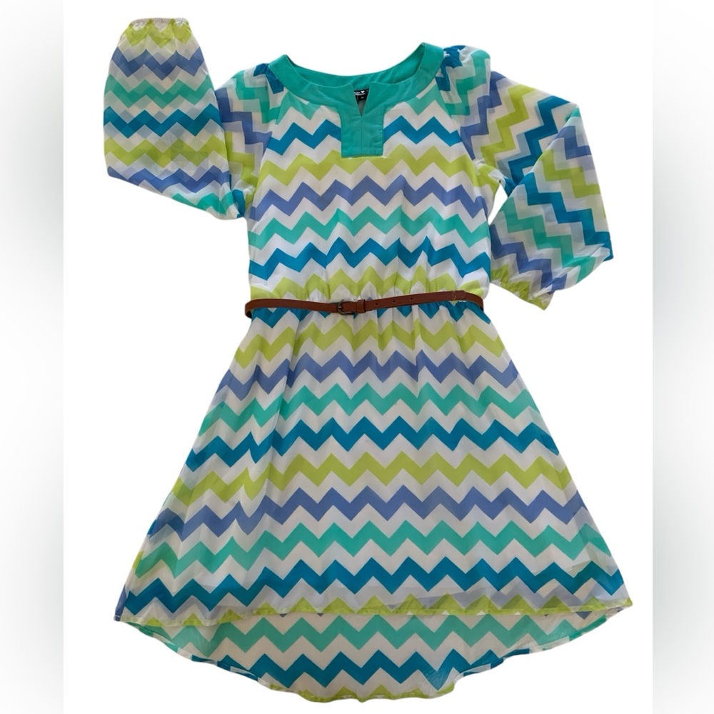 Sequin Hearts Dress & Belt Set Girls Size 16 Blue White Chevron Long Sleeves